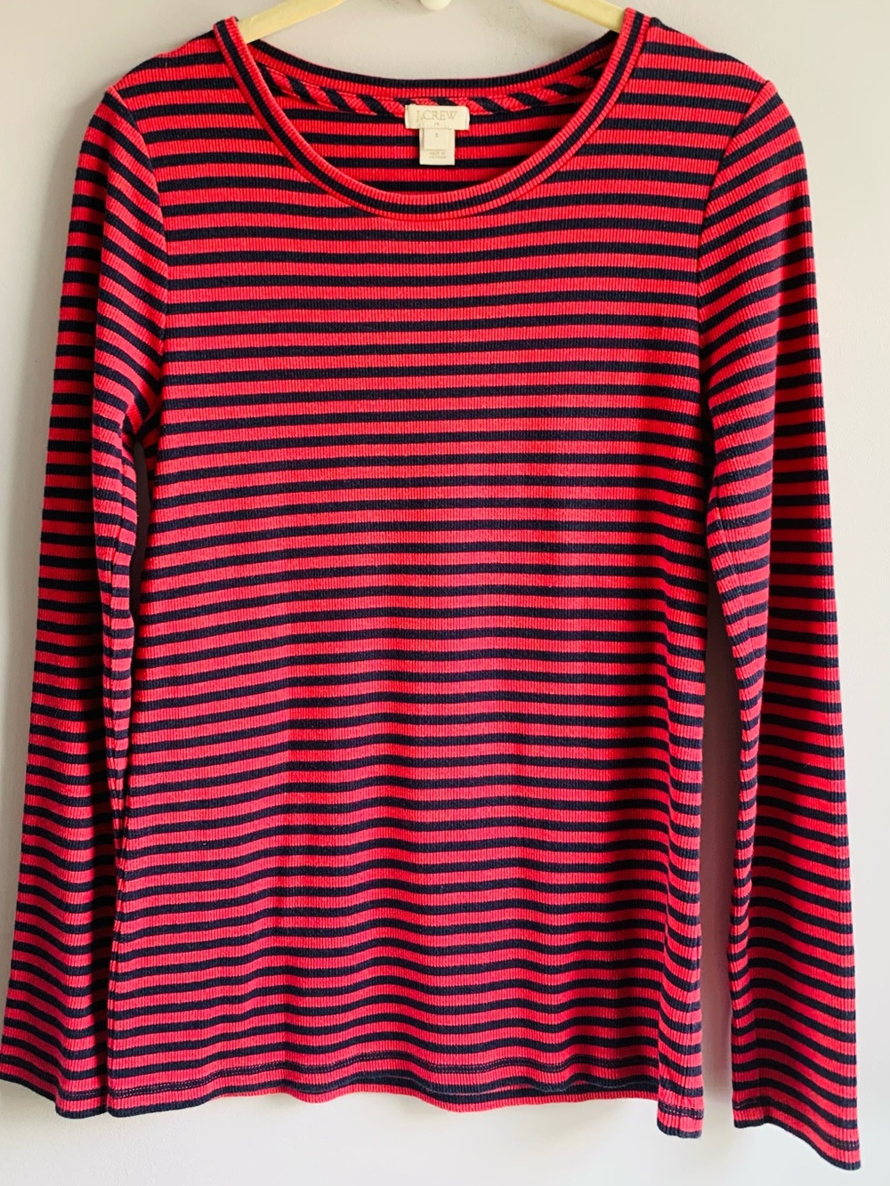 J. Crew Knit Top Tee Navy Pink Stripes Long Sleeve Round Neck Casual EUC Small